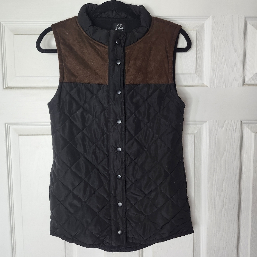 PLENTY BLACK & FAUX SUEDE BROWN SNAP BUTTON QUILTED VEST MADE IN QUEBEC SIZE S